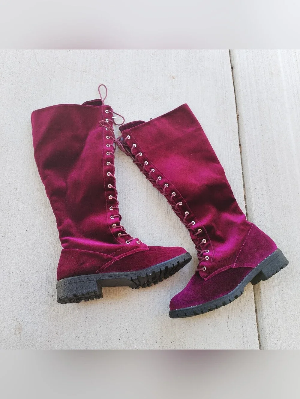 JustFab Women's Over-The-Knee Lace-Up Velvet Boots - burghundy